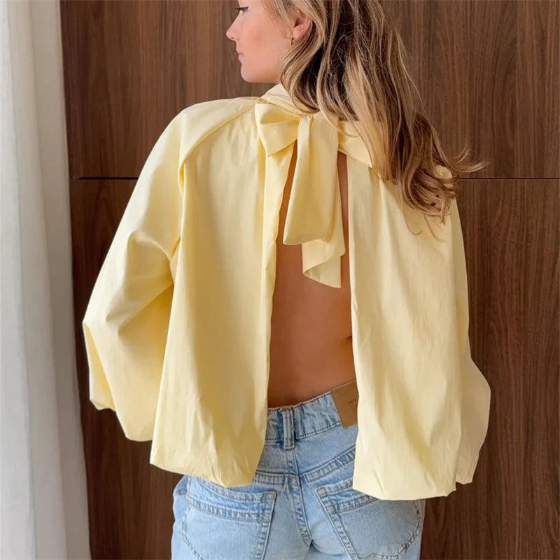 Yellow cropped shirt top with open back and bow detail