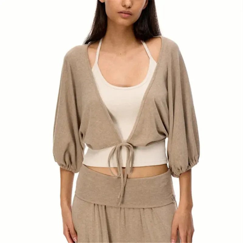 Women's cropped top in beige, soft material for casual outings