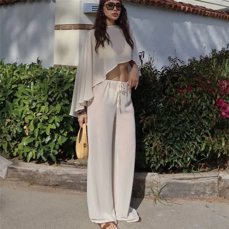 Women's beige cropped top and wide-leg pants set for casual outings