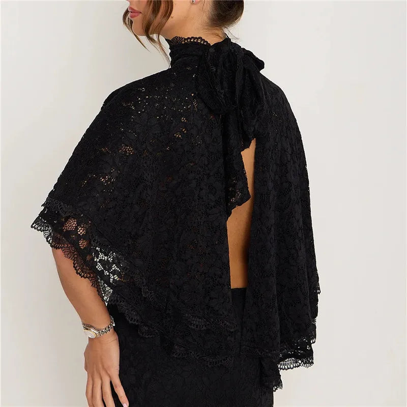 Women's black lace cropped top, perfect for evening events