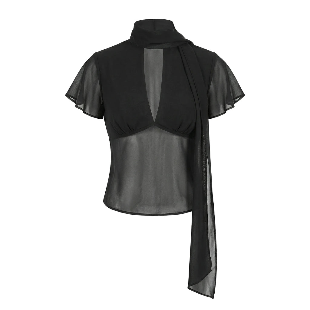 Women's black cropped top in sheer fabric, perfect for casual outings
