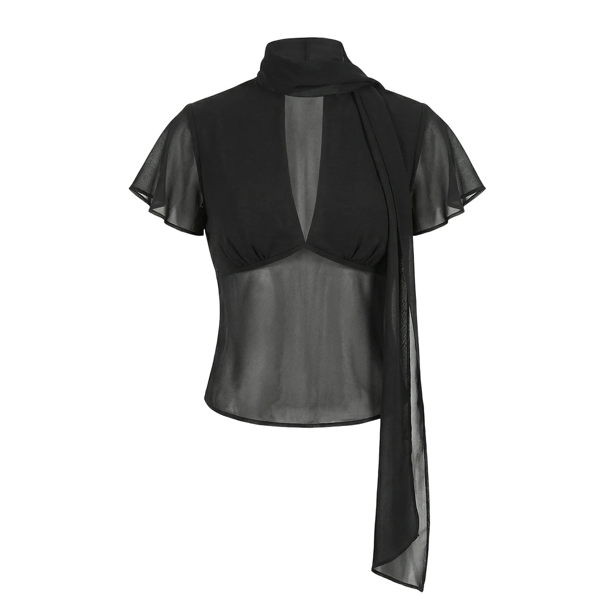 Women's black cropped top in sheer fabric, perfect for casual outings