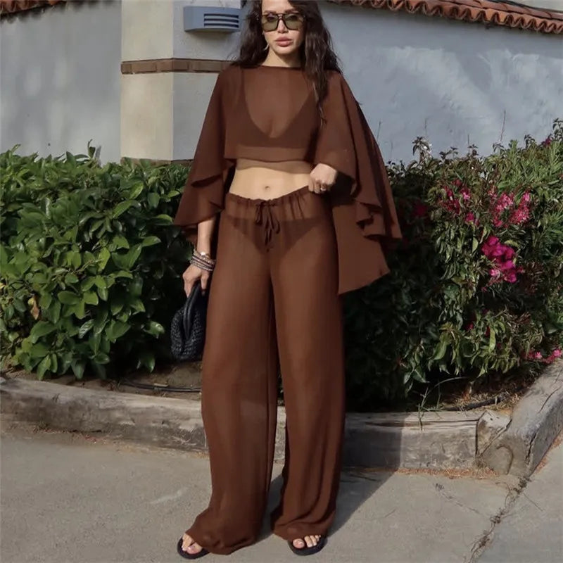 Women's brown cropped top and matching sheer pants, beachwear outfit