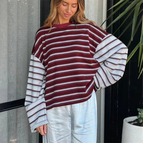 Women's striped cropped top in burgundy and white lightweight fabric
