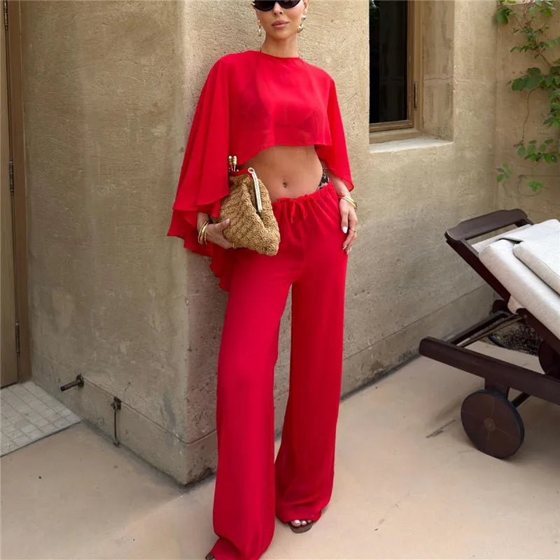 Women's red cropped top and wide-leg pants set for summer outings