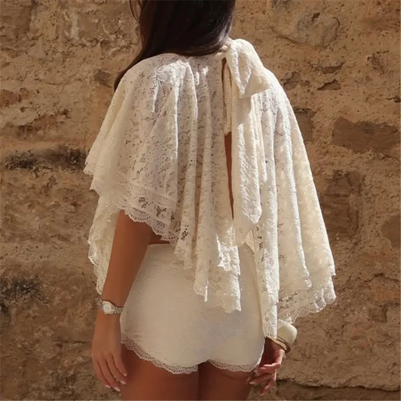 Women's white lace cropped top, perfect for summer outings