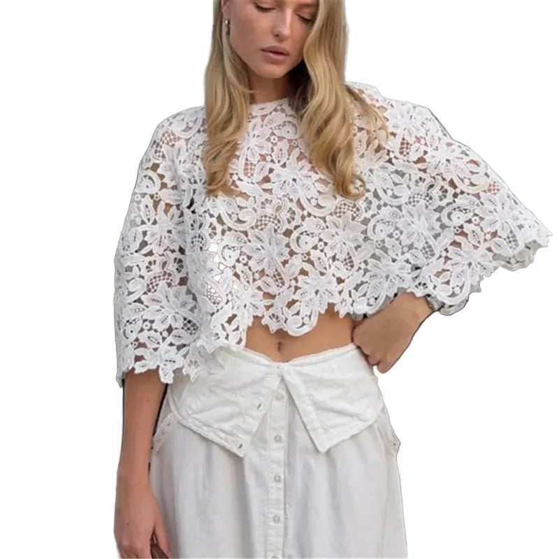 Women's white lace cropped top, perfect for summer outings