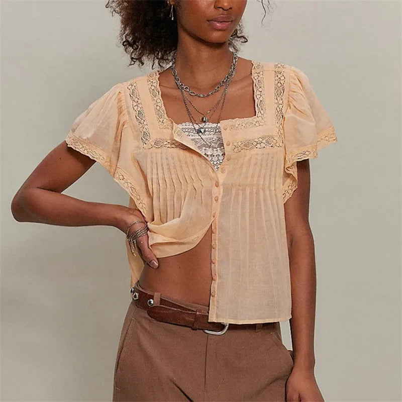 Women's peach cropped top in lightweight fabric, perfect for summer outings