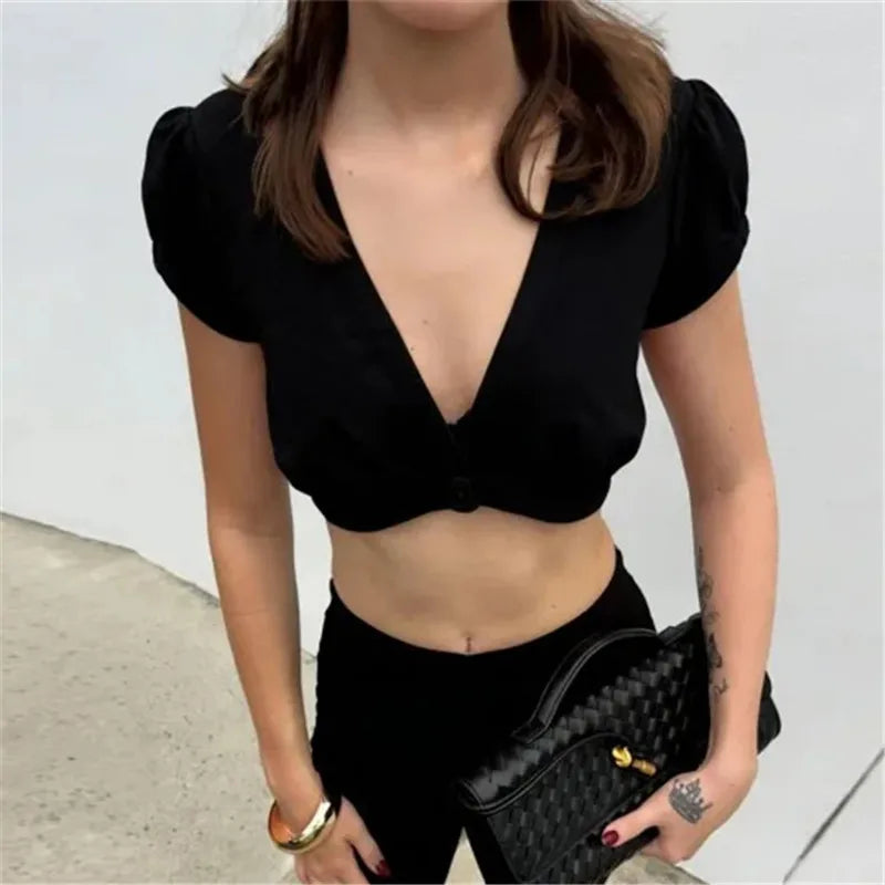 Women's black cropped tops, lightweight fabric for casual outings