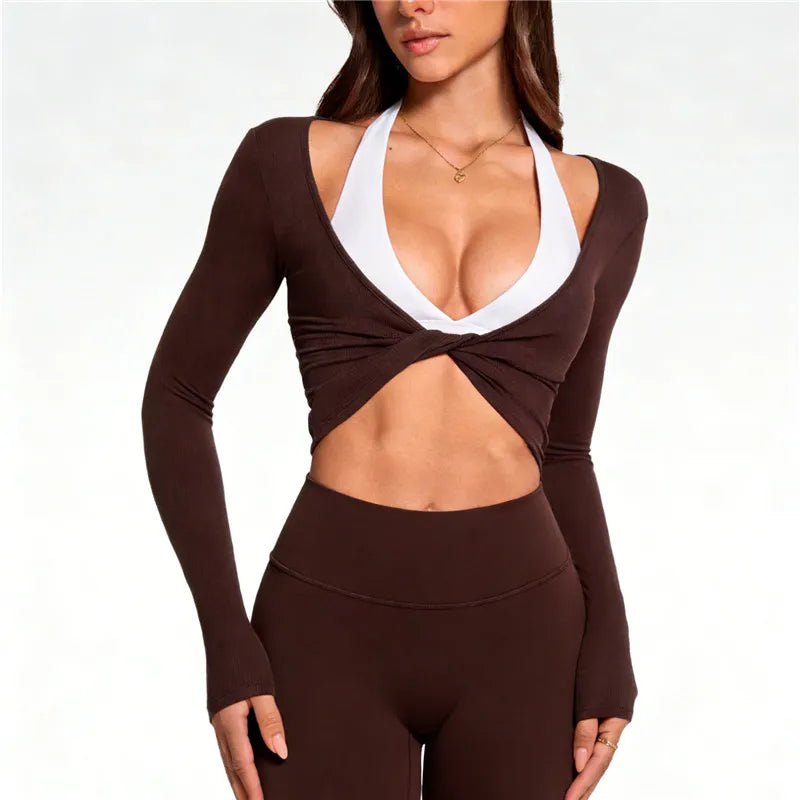 Women's brown cropped tops, stretchy material for casual outings