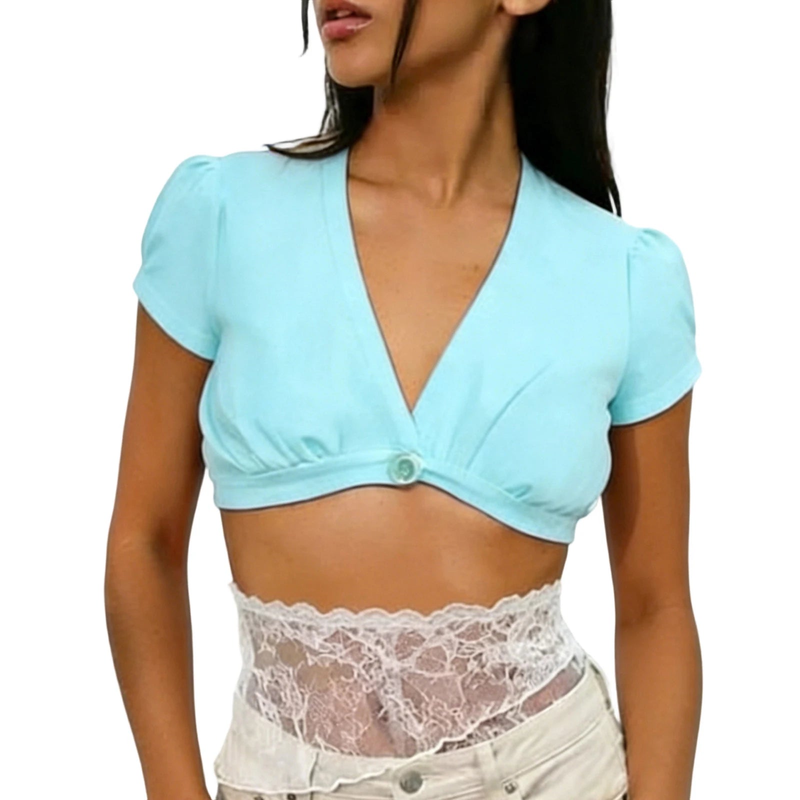 Women's light blue cropped tops, soft fabric, casual wear