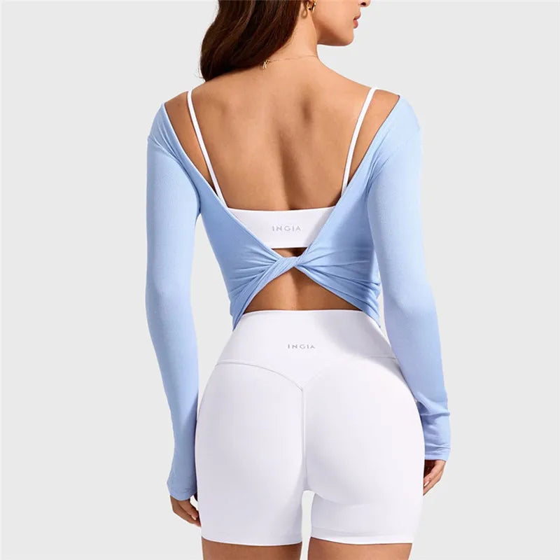 Women's light blue cropped tops with open back design for casual wear