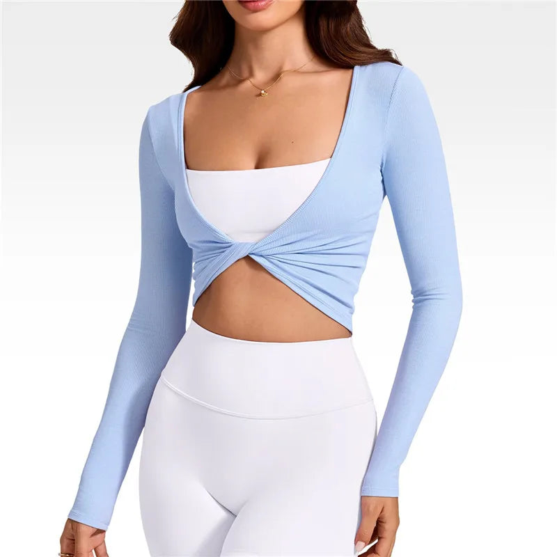 Light blue cropped tops, long sleeve, perfect for casual outings