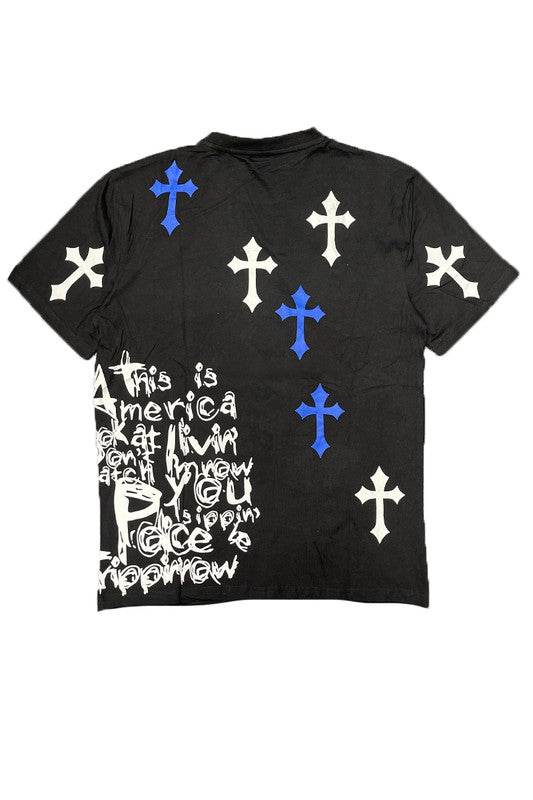 Men's black tee with cross chrome hearts design for casual wear