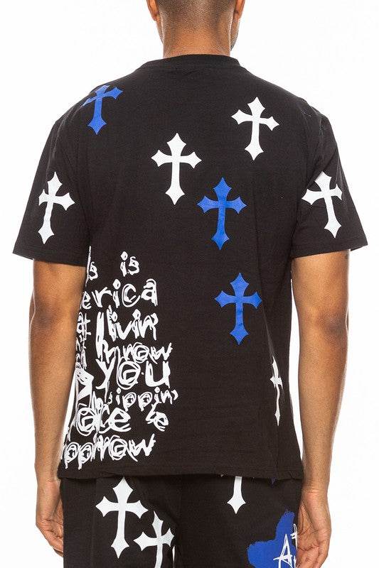 Men's black tee featuring cross chrome hearts print for casual wear