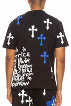 Men's black tee featuring cross chrome hearts print for casual wear