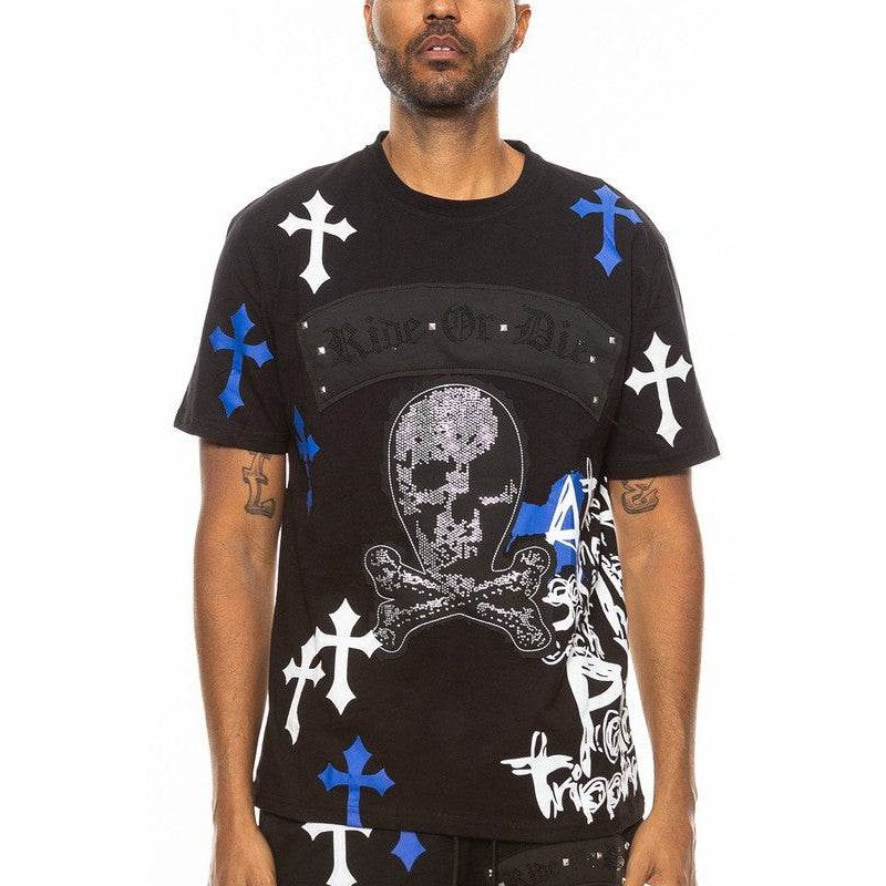 Men's black cross chrome hearts tee shirt with graphic design
