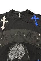 Men's black tee with cross chrome hearts design and rhinestone detailing