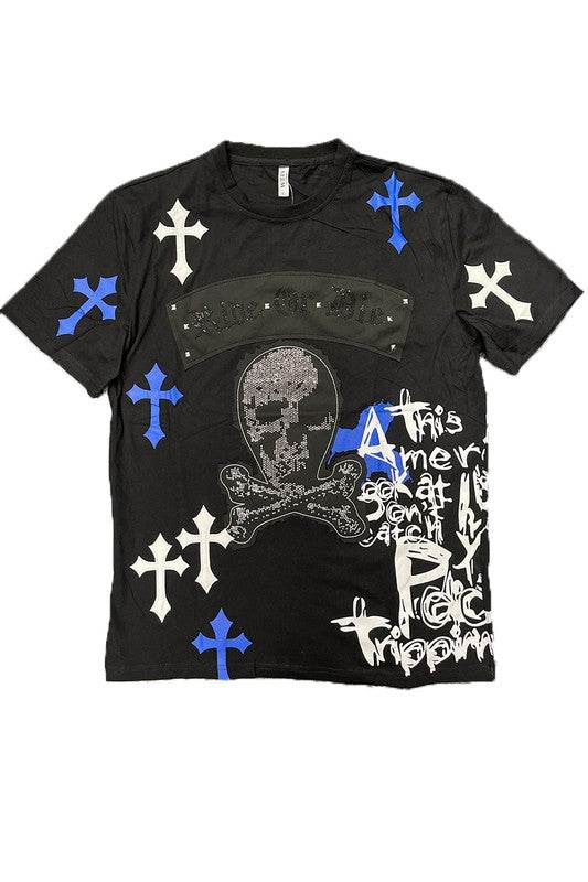 Men's black tee with cross chrome hearts design and skull print