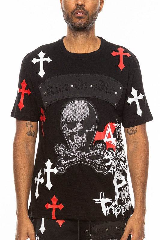 Men's black tee with cross chrome hearts design, stylish and casual wear