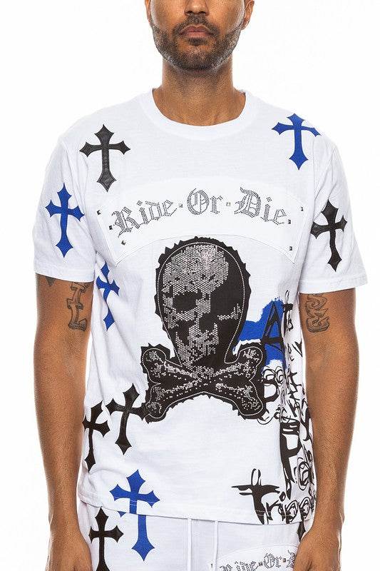 Men's white tee with cross chrome hearts and skull print design