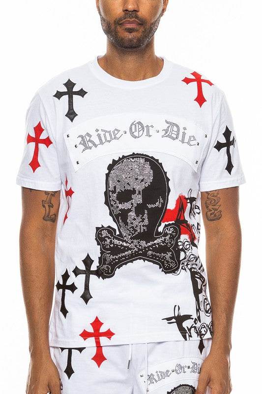 Men's white tee with cross chrome hearts graphic for casual wear