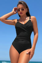 VacationGrabs cross lace V neck swimsuit in black, perfect for stylish beach outings
