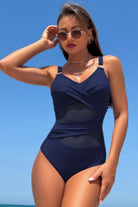 VacationGrabs cross lace V neck swimsuit in navy blue for stylish beach days