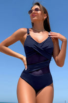 VacationGrabs Women's cross lace V neck swimsuit in navy blue with stylish design and adjustable straps