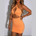 Orange cross strap backless club dress with cutout design and ruched skirt by VacationGrabs
