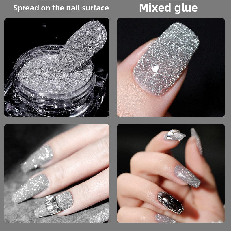 Crushed diamond nail powder in a silver container for stunning, sparkling nail designs