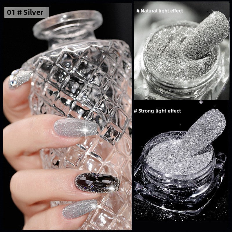 Silver Crushed Diamond Nail Powder in a jar with swatches on stylish nails for glamorous nail art