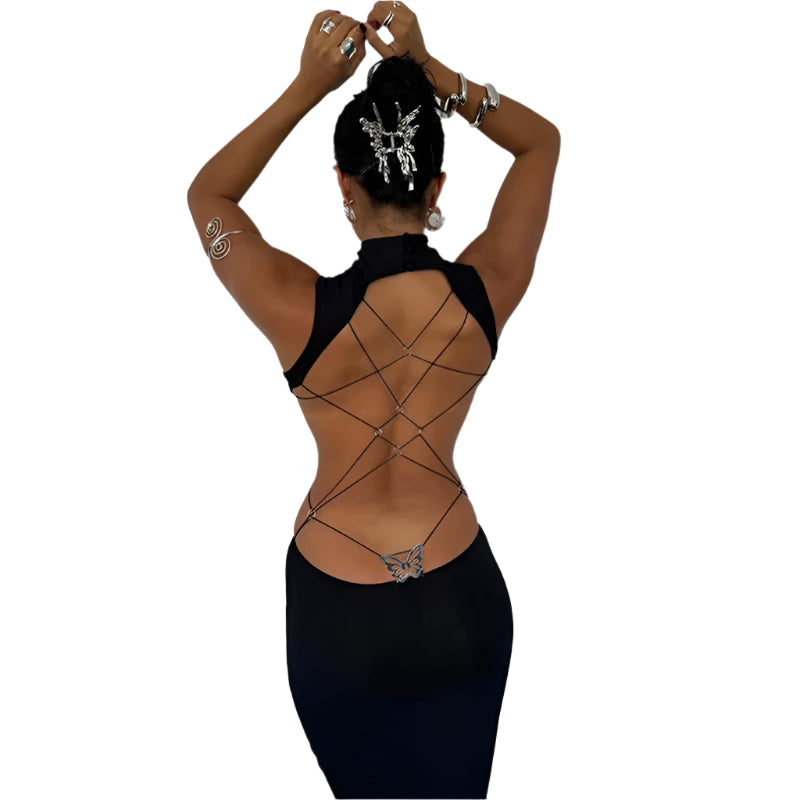 VacationGrabs Black Backless Cut Out Club Dress