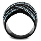 Stylish crystal accent black ring for women with a modern design and sparkling blue stones