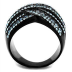 Stylish crystal accent black ring for women with a modern design and sparkling blue stones