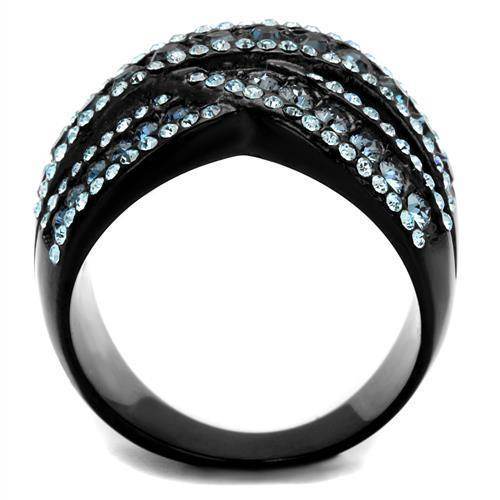 Stylish crystal accent black ring for women with a modern design and sparkling blue stones