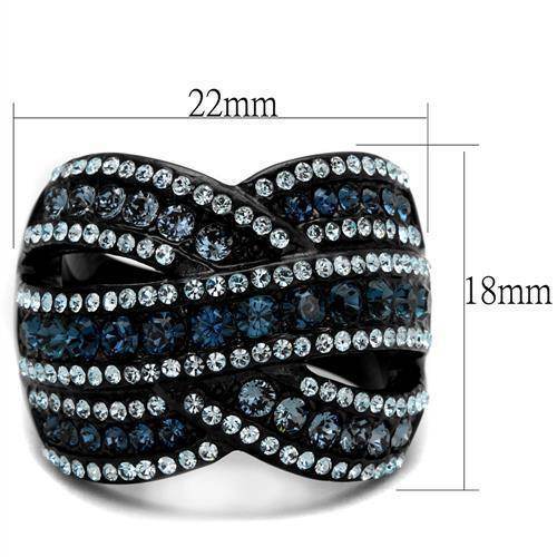 Elegant crystal accent black ring for women with shimmering stones and unique design measuring 22mm by 18mm