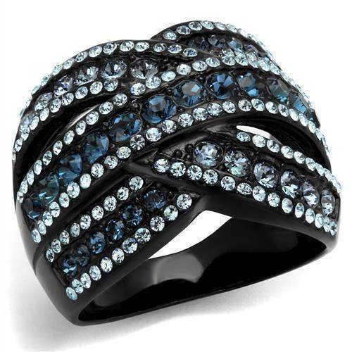 Stylish crystal accent black ring for women featuring shimmering blue and clear crystals in a wave design