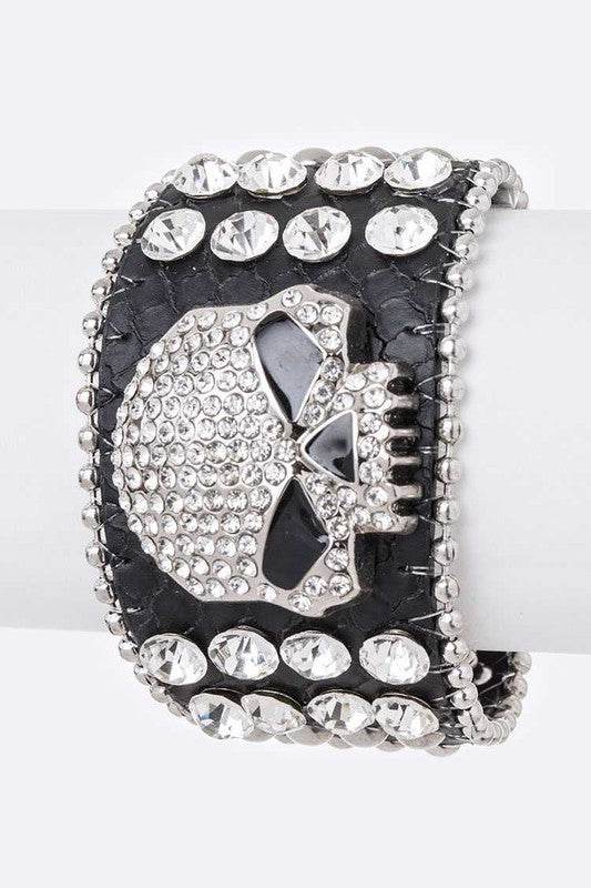 LA Jewelry Plaza crystal skull leather punk bracelet featuring a rhinestone skull design and studded embellishments