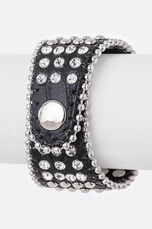 LA Jewelry Plaza crystal skull leather punk bracelet with rhinestones and metal details