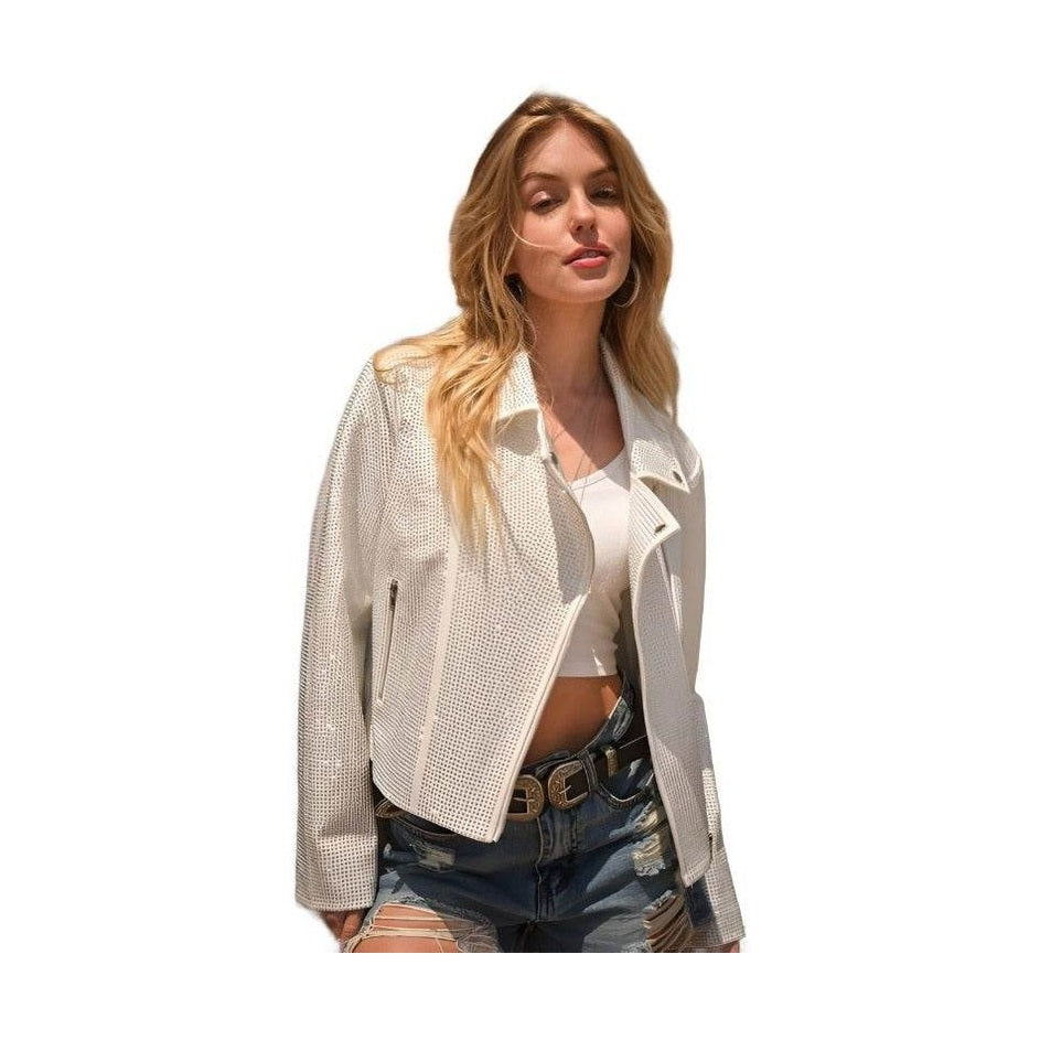 Crystal Studded Stretch Zip Up Moto Jacket - VacationGrabs
