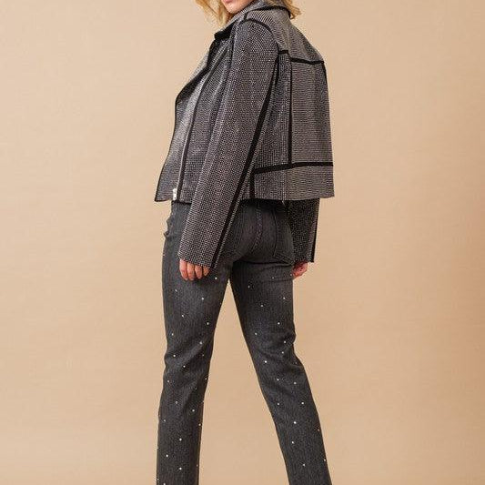 Women's Coats & Jackets Crystal Studded Stretch Zip Up Moto Jacket