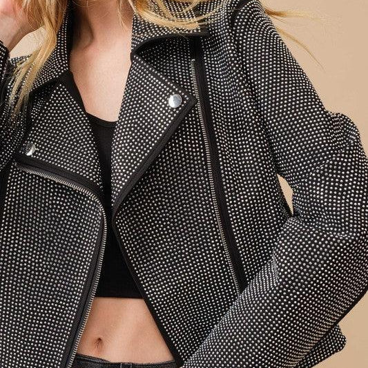 Women's Coats & Jackets Crystal Studded Stretch Zip Up Moto Jacket