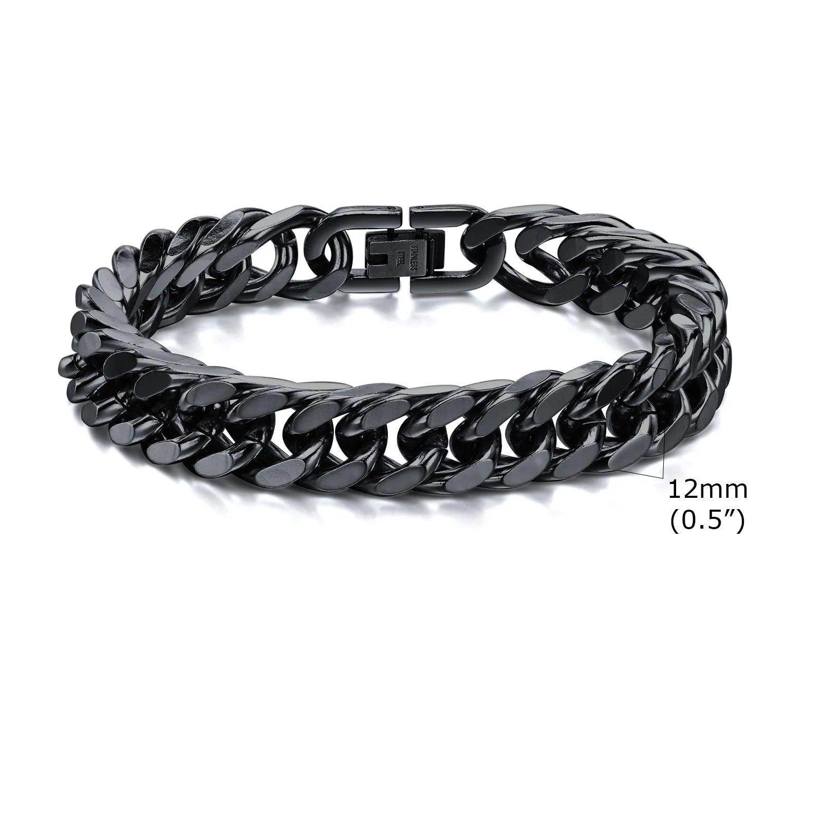 Black Cuban link bracelets for men in 12mm width, stylish unisex accessory for any outfit