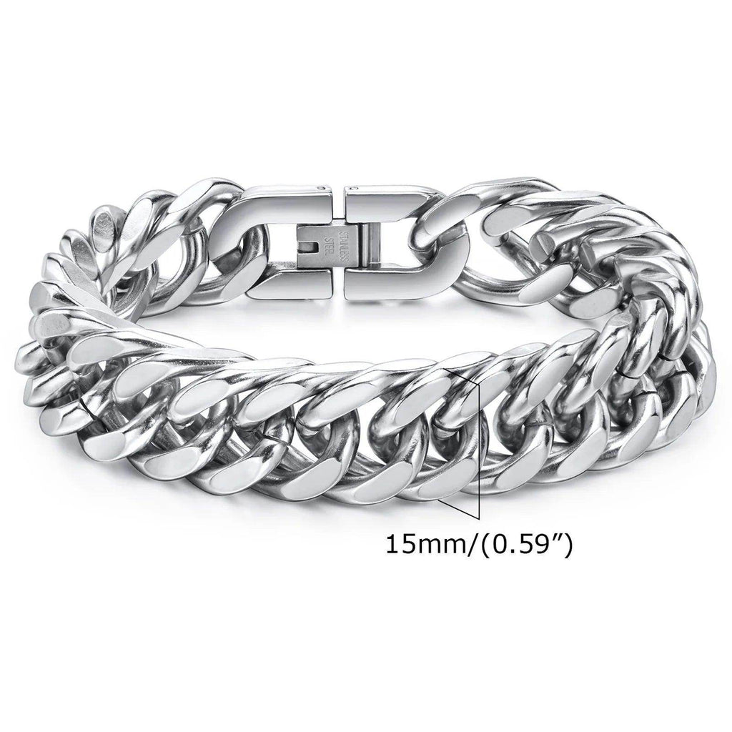 Silver Cuban link bracelets for men with a polished finish and secure clasp, 15mm width
