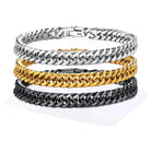 Set of Cuban link bracelets for men in silver, gold, and black finishes for stylish accessorizing