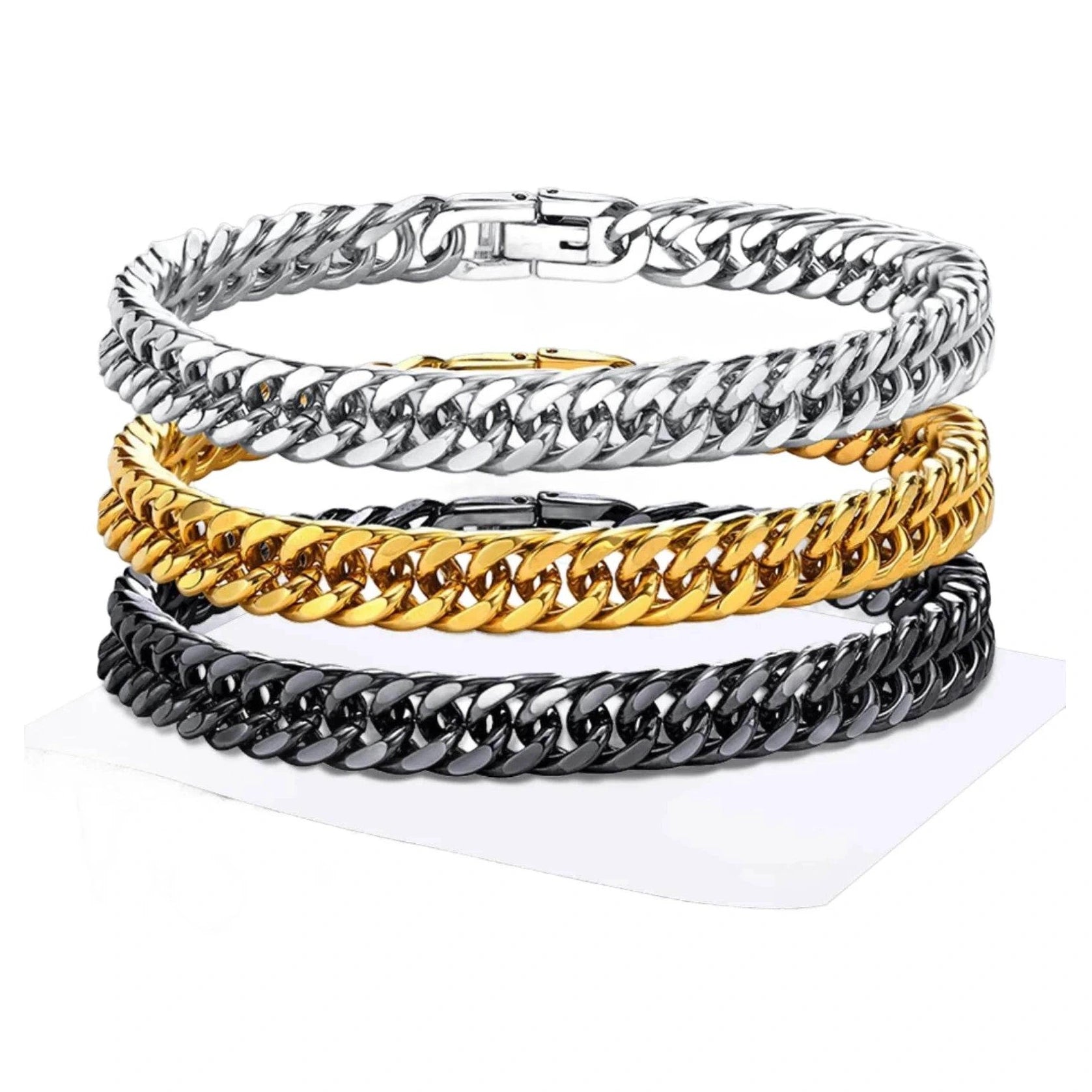 Set of Cuban link bracelets for men in silver, gold, and black finishes for stylish accessorizing