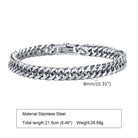 Men's Cuban link bracelets for men in stainless steel with an 8mm width and 21.5cm length