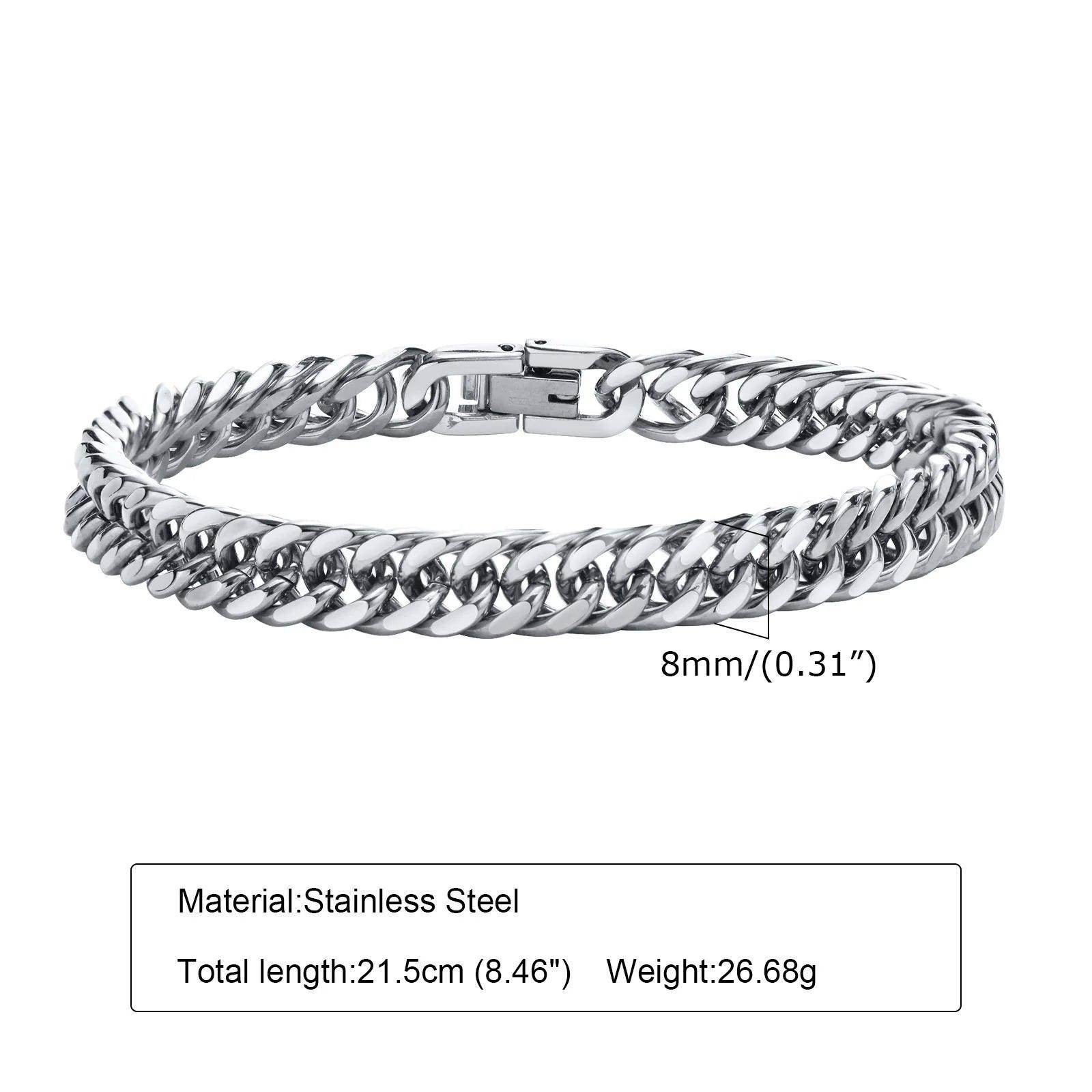 Men's Cuban link bracelets for men in stainless steel with an 8mm width and 21.5cm length