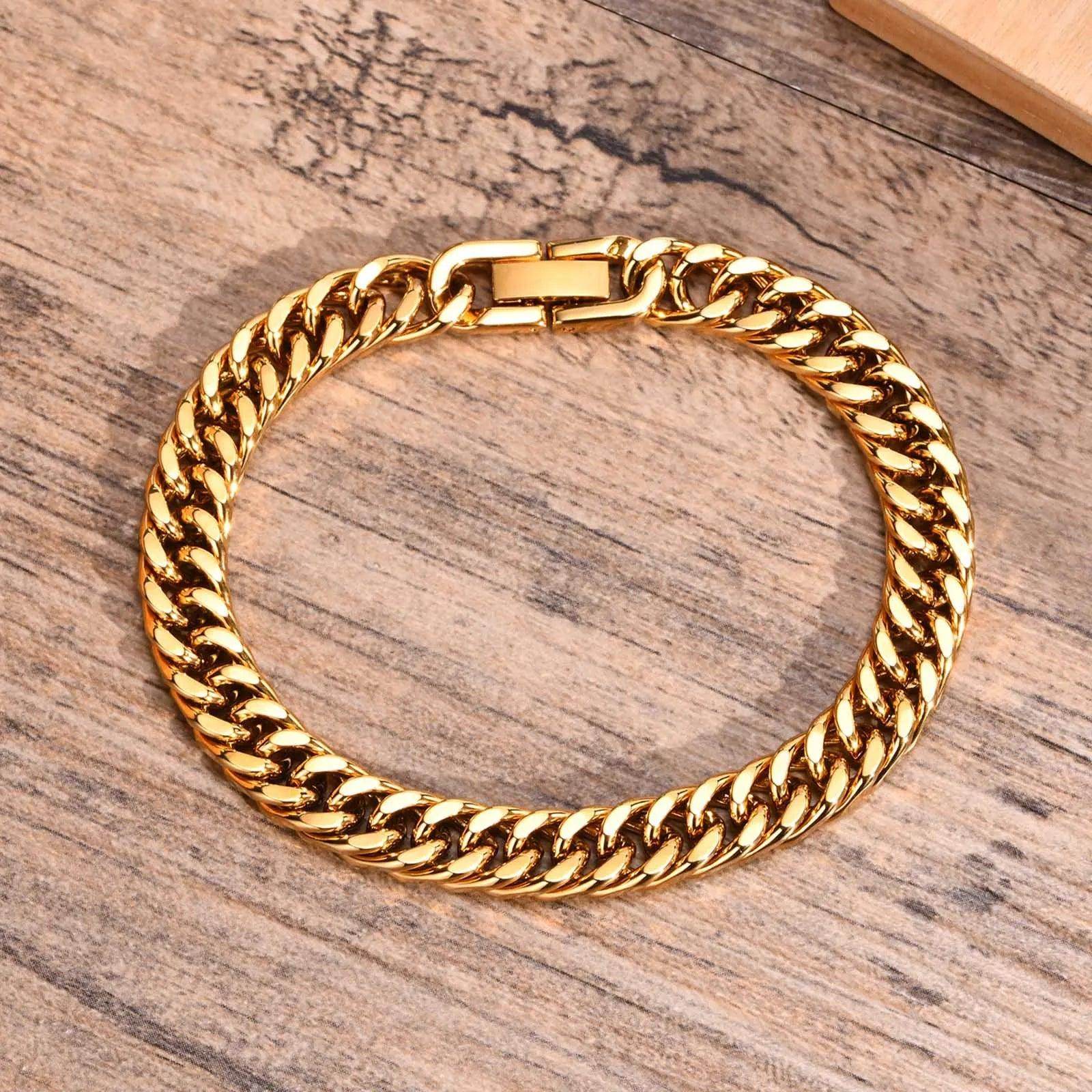 Golden Cuban link bracelets for men featuring a durable clasp for stylish wear